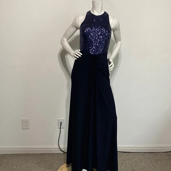 Cache Navy Blue High Neck Sleeveless Sequin Long Maxi Gown Dress Size 8 - Picture 1 of 11